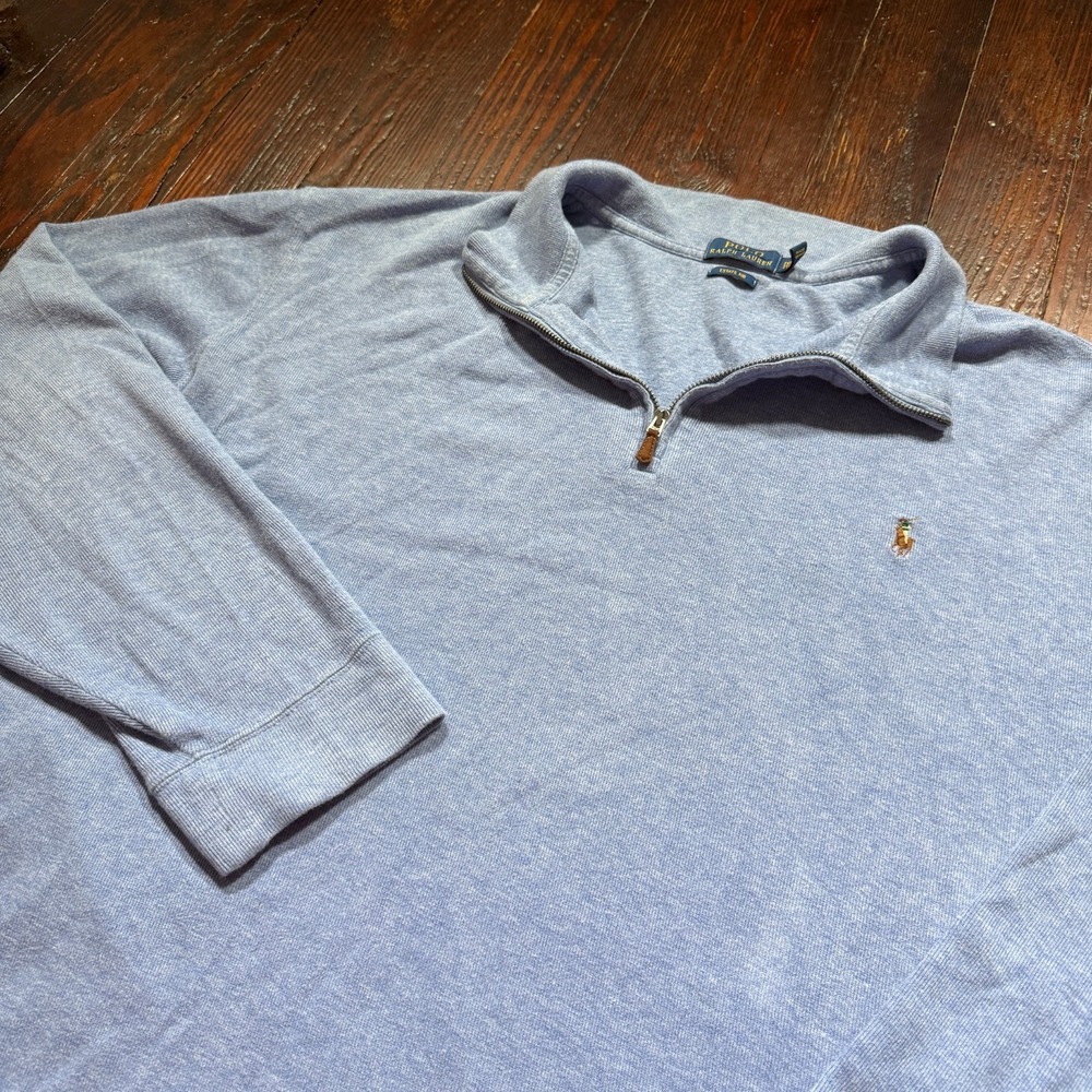 Polo Ralph Lauren Sweater Mens 2XL Tall 2XLT Blue Estate Rib 1/4 Zip Flesh‎ Pony